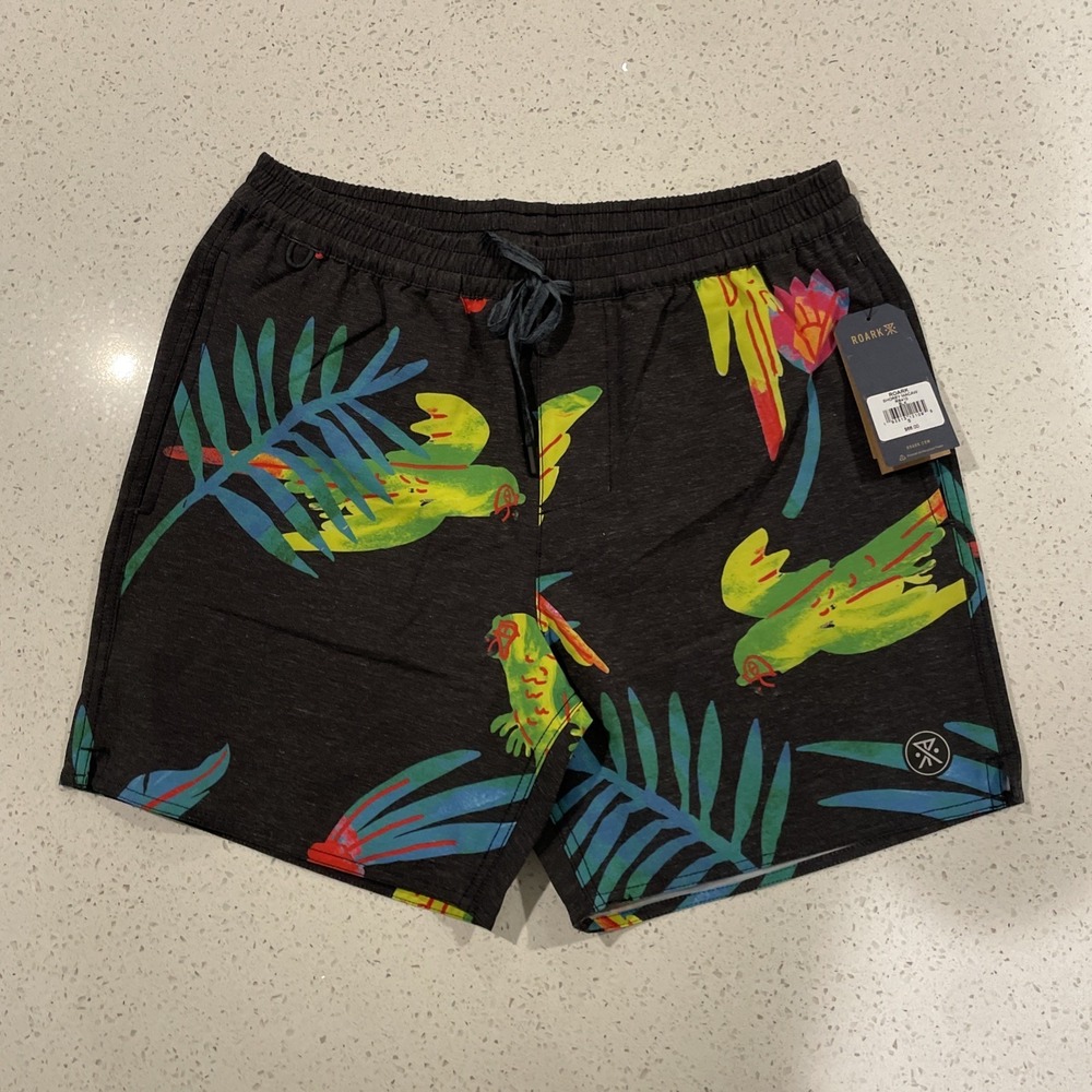 ROARK Shorey Macaw - Men's Parrot Black Board Shorts Swim Trunks - Small - NWT